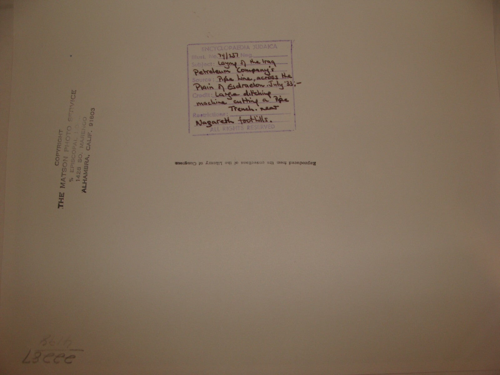 Photo Print Palestine MATSON 1933 Israel Iraq Petroleum Company Pipeline Jezreel