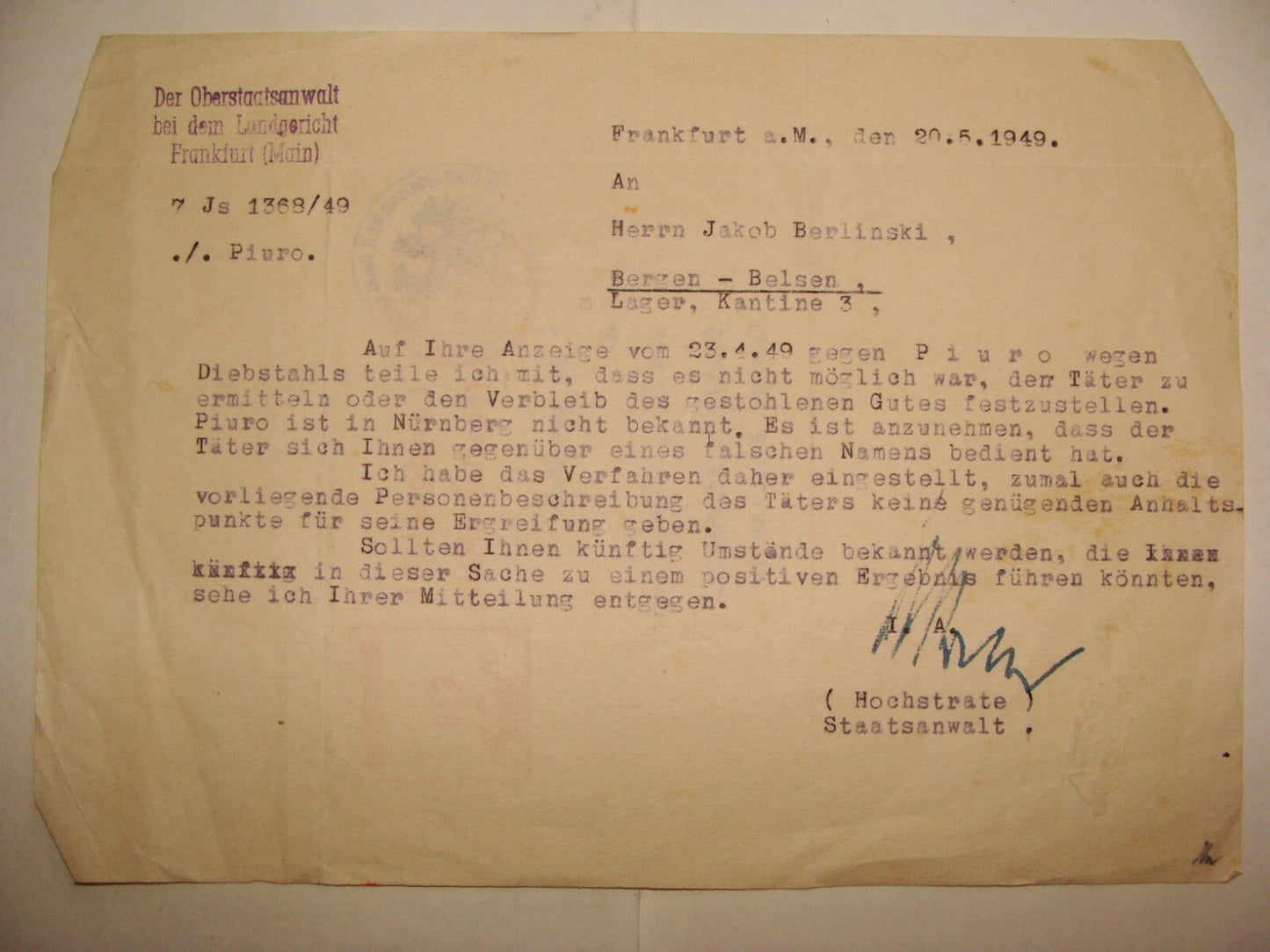Germany Letter Jewish Judaica 1949 German Bergen Belsen DP Camp Court BERLINSKI