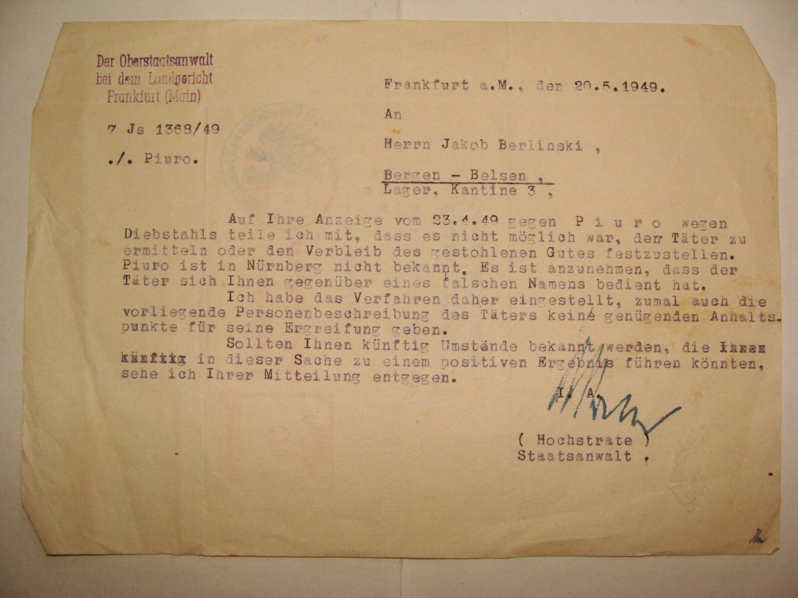 Germany Letter Jewish Judaica 1949 German Bergen Belsen DP Camp Court BERLINSKI