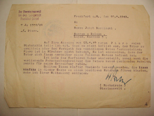 Germany Letter Jewish Judaica 1949 German Bergen Belsen DP Camp Court BERLINSKI