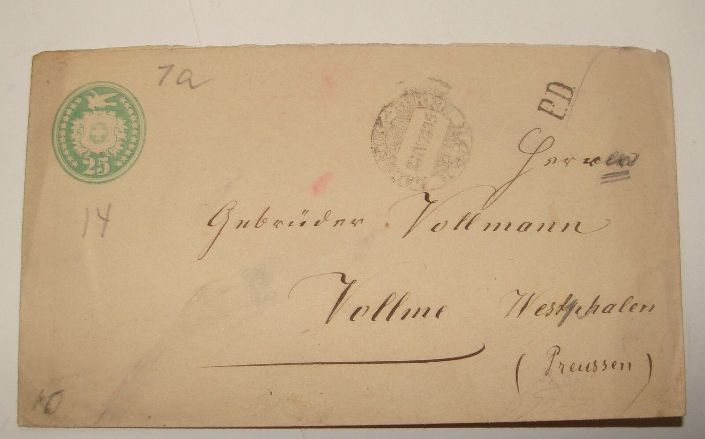 Germany 1873 Switzerland Stamp Cover To   Westphalen Prussia