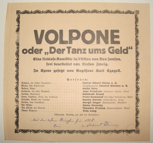 Ad Jewish 1928 ALBERT HEINE German Theater Film Actor SIGNED AUTOGRAPH Volpone