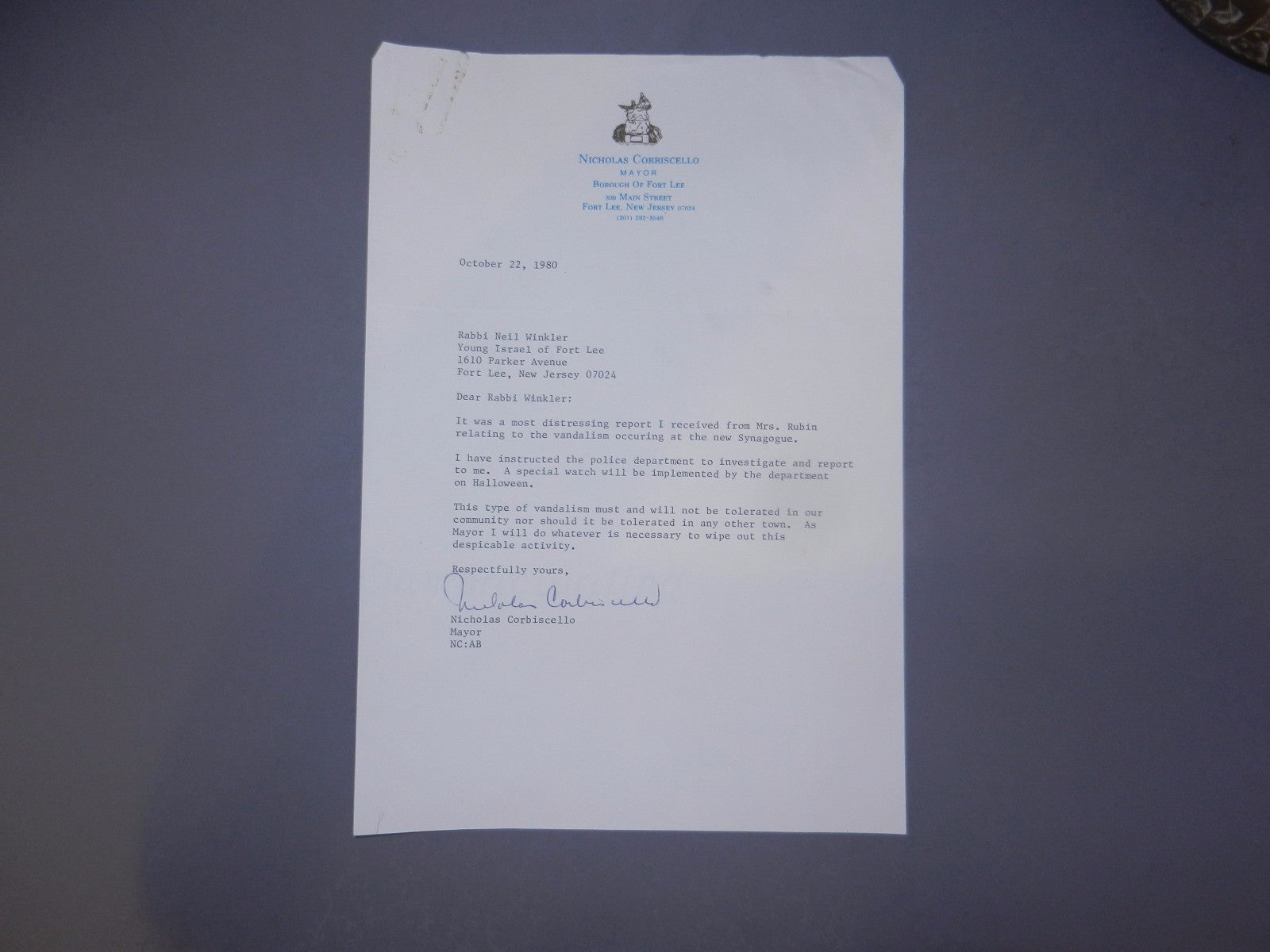 letter Jewish Nicolas Corbiscello Mayor Fort Lee NJ to rabbi Neil Winkler 1980