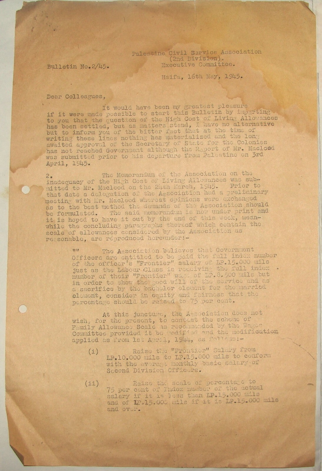 Bulletin Palestine Jewish Judaica Civil Service WW2 1945 2nd Division Police