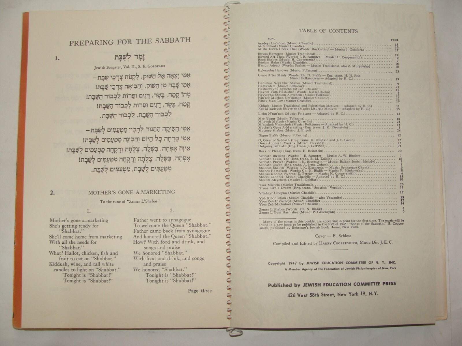 Book Jewish Judaica 1961 Sabbath And Festival Song Sukkot Purim Passover Etc NY