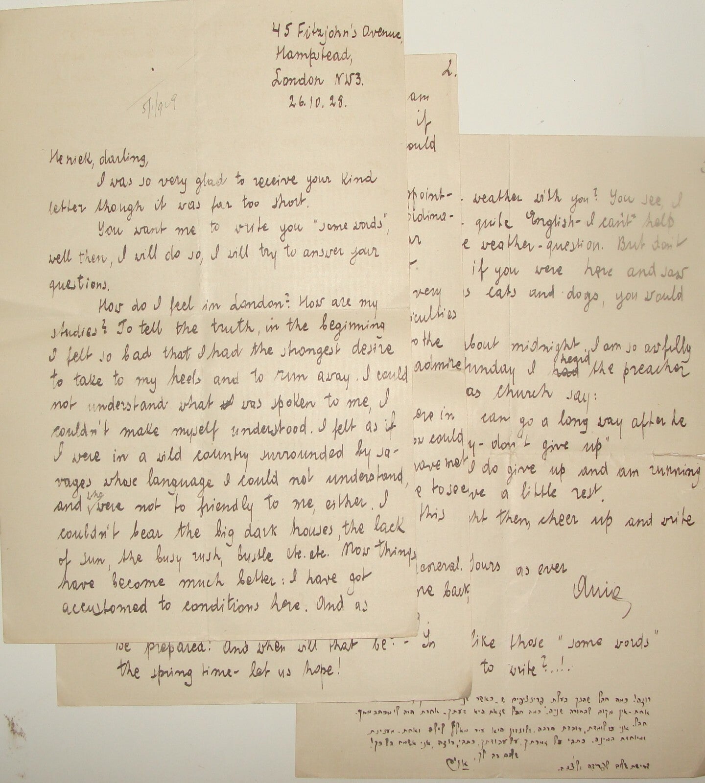 Letter Jewish Judaica 1928 Britain England UK Hampstead London English Hebrew