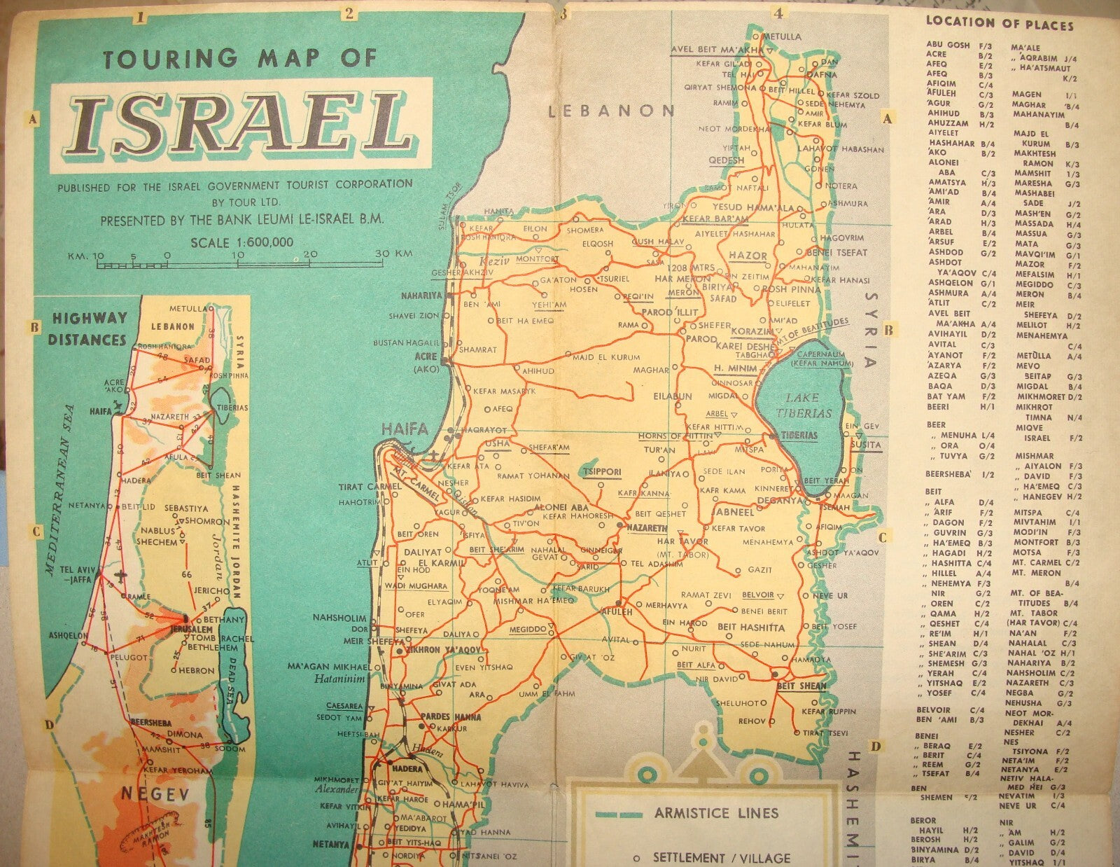 Map Jewish Judaica 1962 Pre Six Day War ISRAEL Israeli Touring Bank Leumi