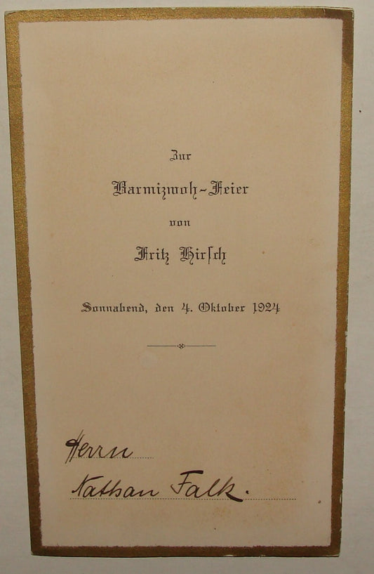 Germany 1924 Jewish Judaica German Hamburg HIRSCH Bar Mitzvah Invitation Menu