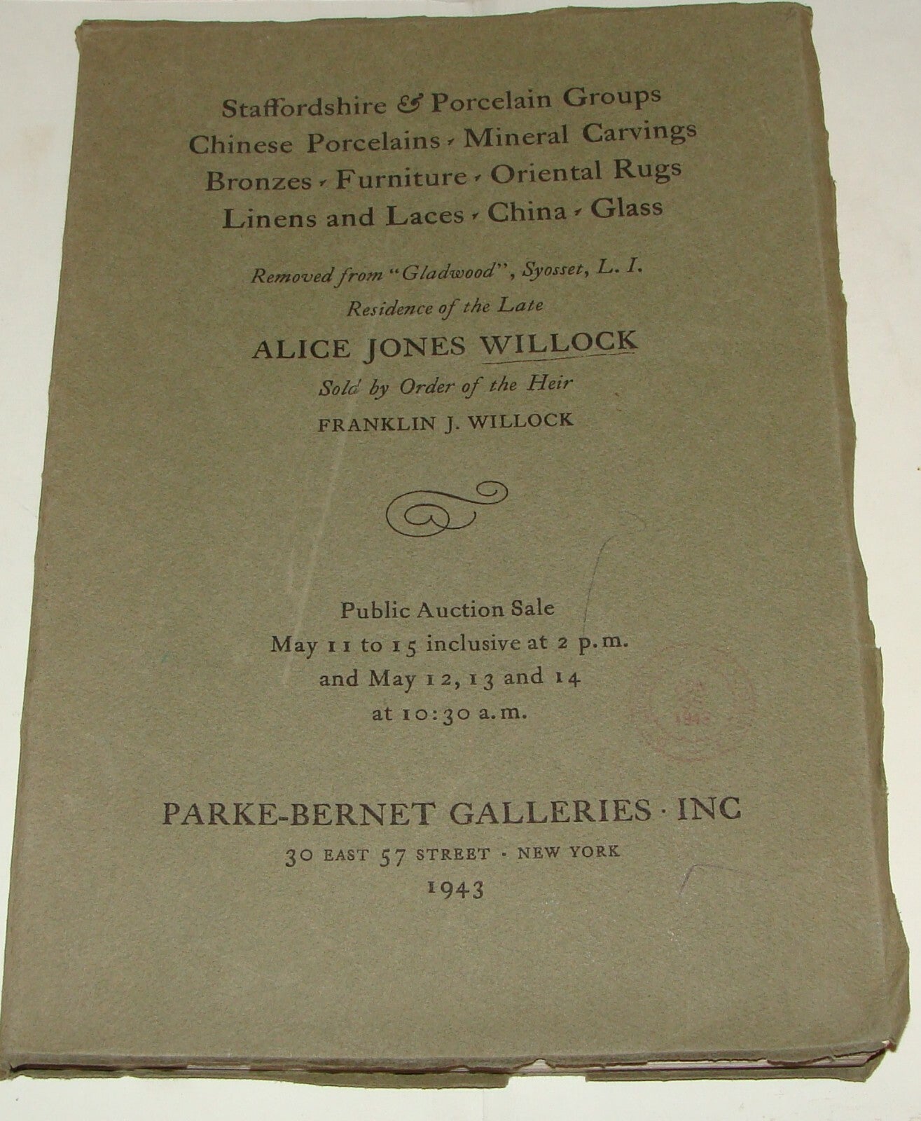 1943 Sotheby Parke Bernet Staffordshire Porcelain China Auction Catalogue Book