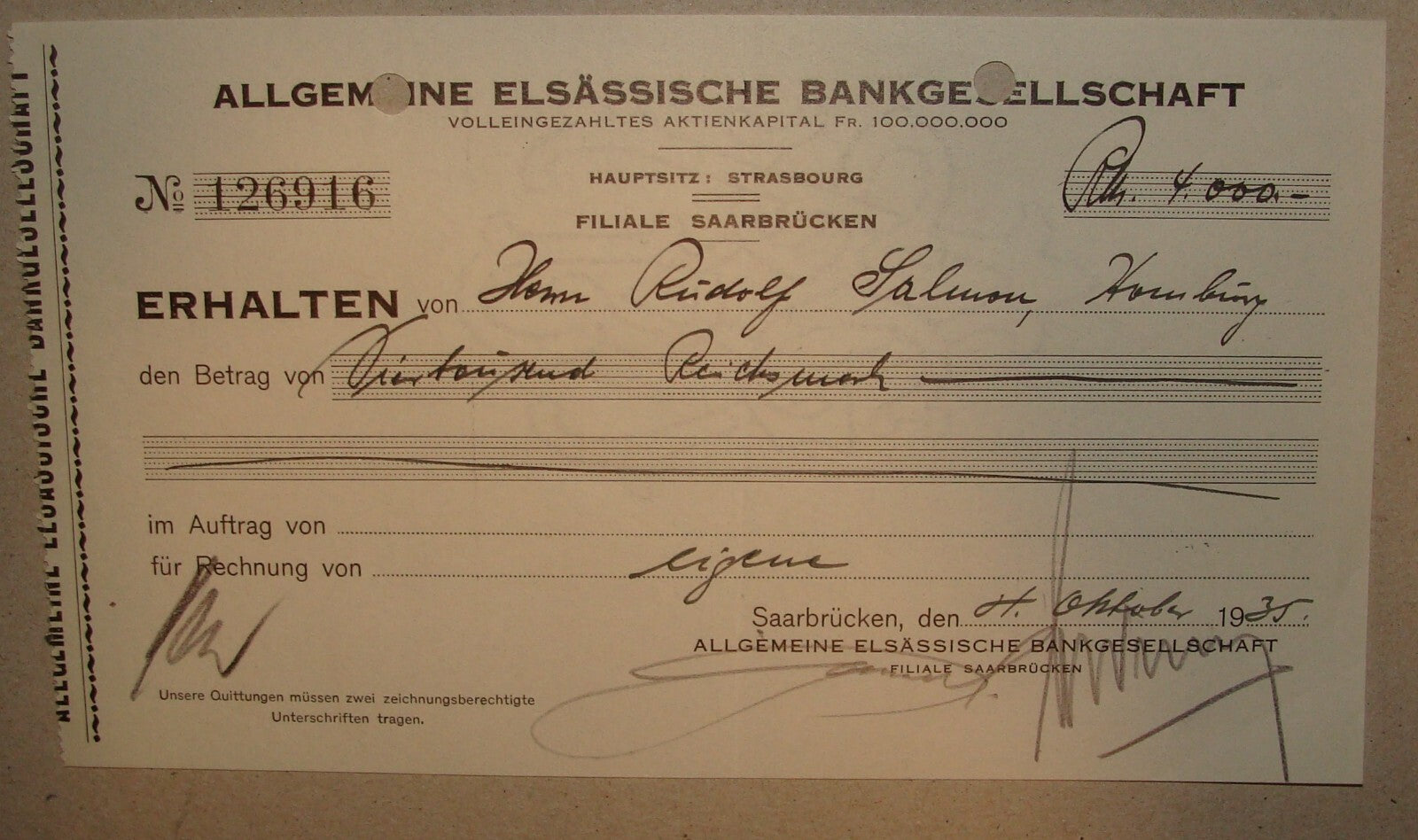 Germany Allgemeine Elsässische Bankgesellschaft German   Saarbrucken Bank Cheque