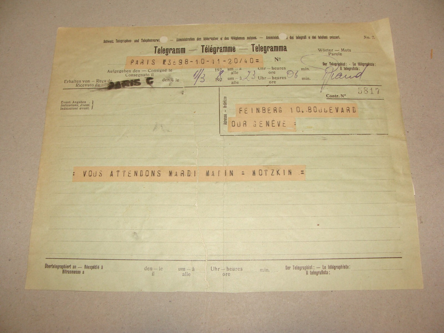 Letter Jewish 1928 Paris LEO MOTZKIN Telegram To Feinberg Geneve Zionist