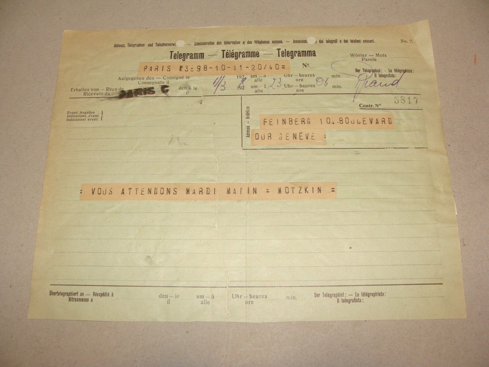 Letter Jewish 1928 Paris LEO MOTZKIN Telegram To Feinberg Geneve Zionist