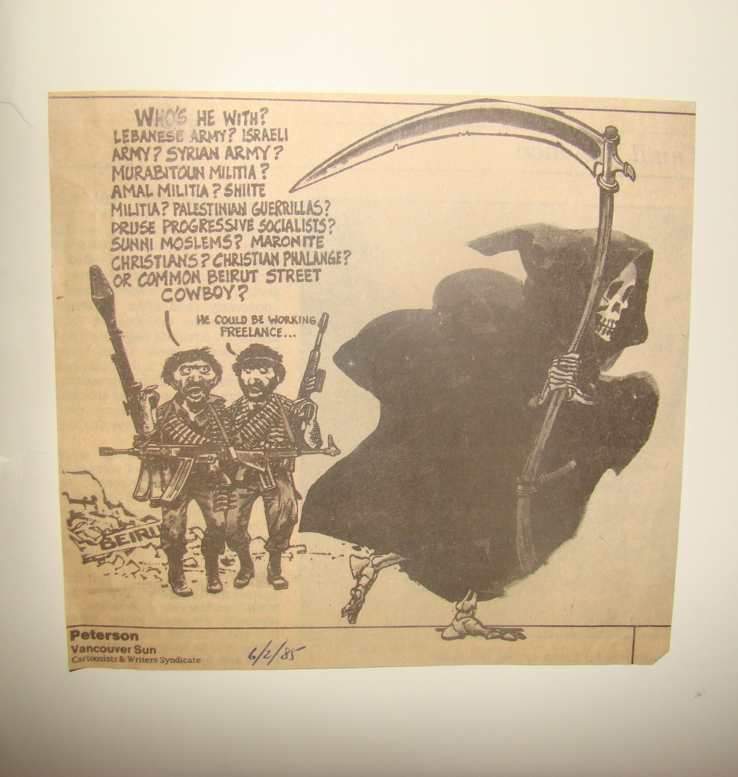 Newspaper Israel Roy Peterson Canada Caricaturist 1985 Lebanon Beirut War