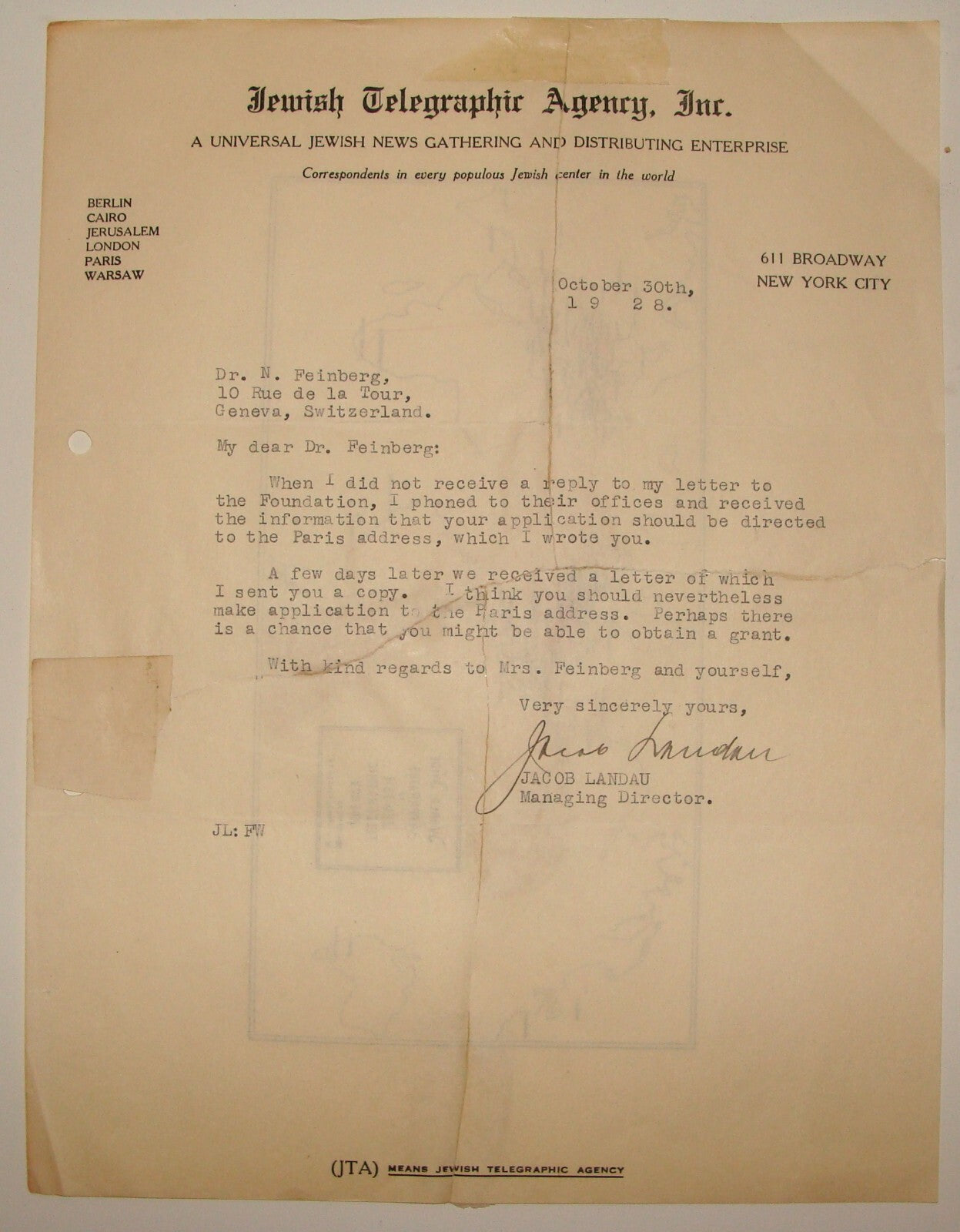 Letter Jewish Judaica 1928 Telegraphic Agency NY Jacob Landau Signed Signature