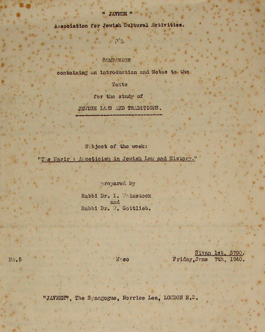 Judaica Jewish England London JAVNEH Synagogue Rabbi Gottlieb Weinstock 1940