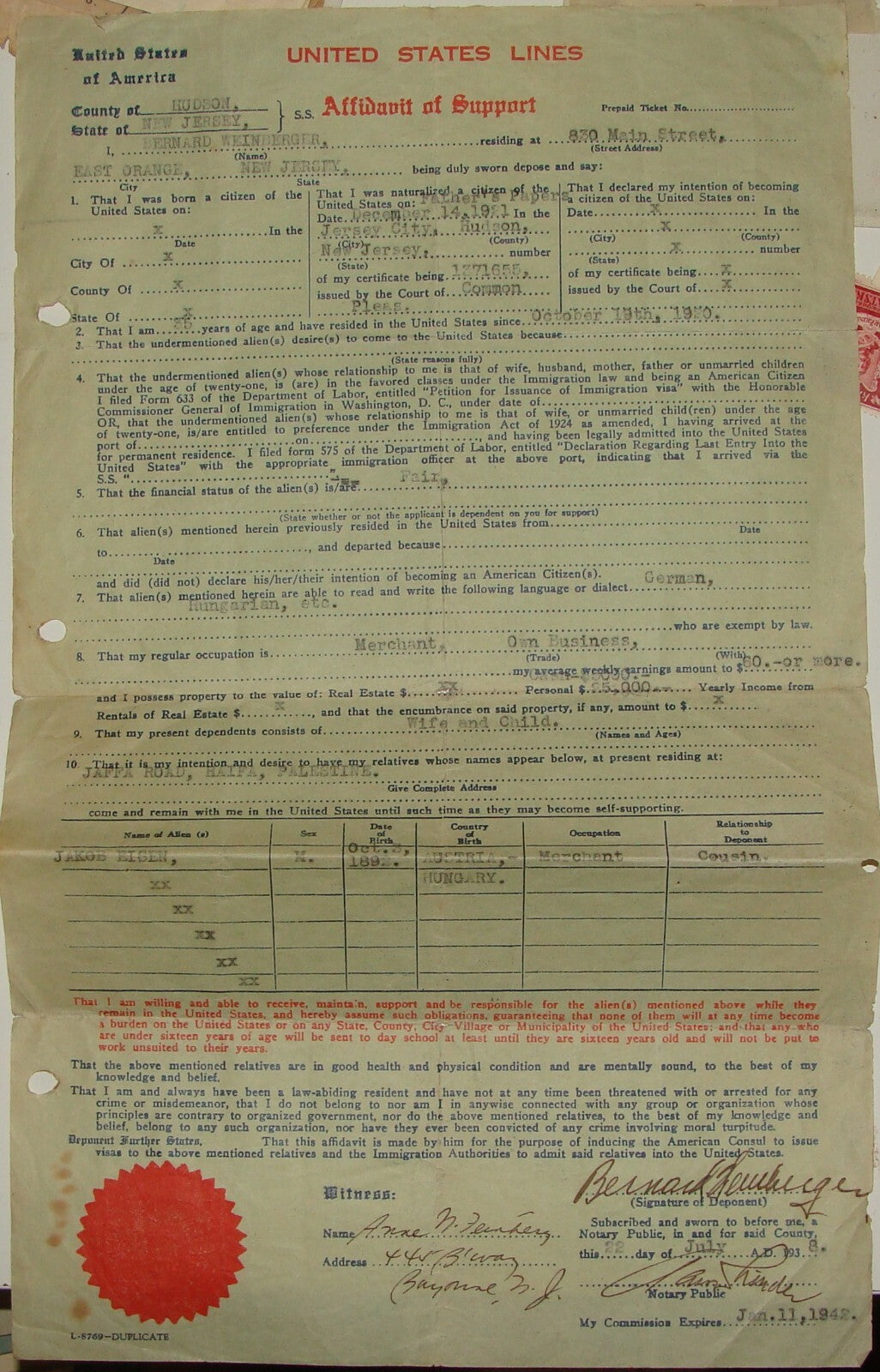1938 United States Lines Ship Shipping Company Document