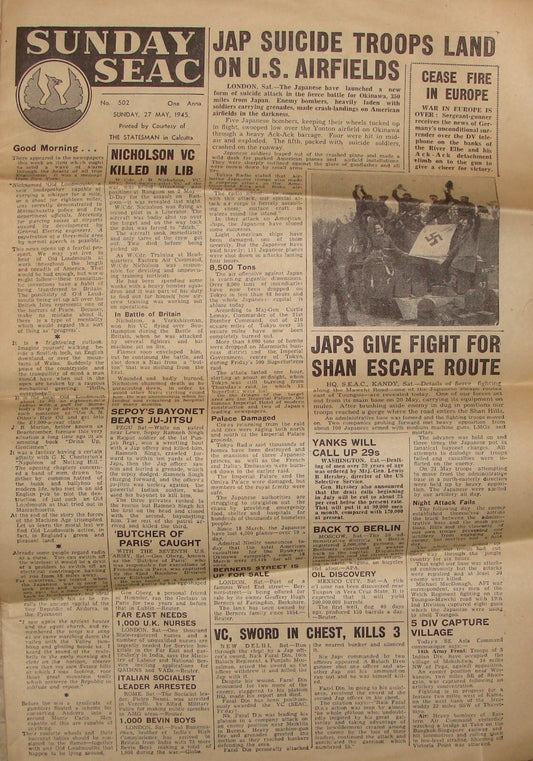 Germany SUNDAY SEAC 1945 WWII British Army Military India Newspaper   JAPAN USA