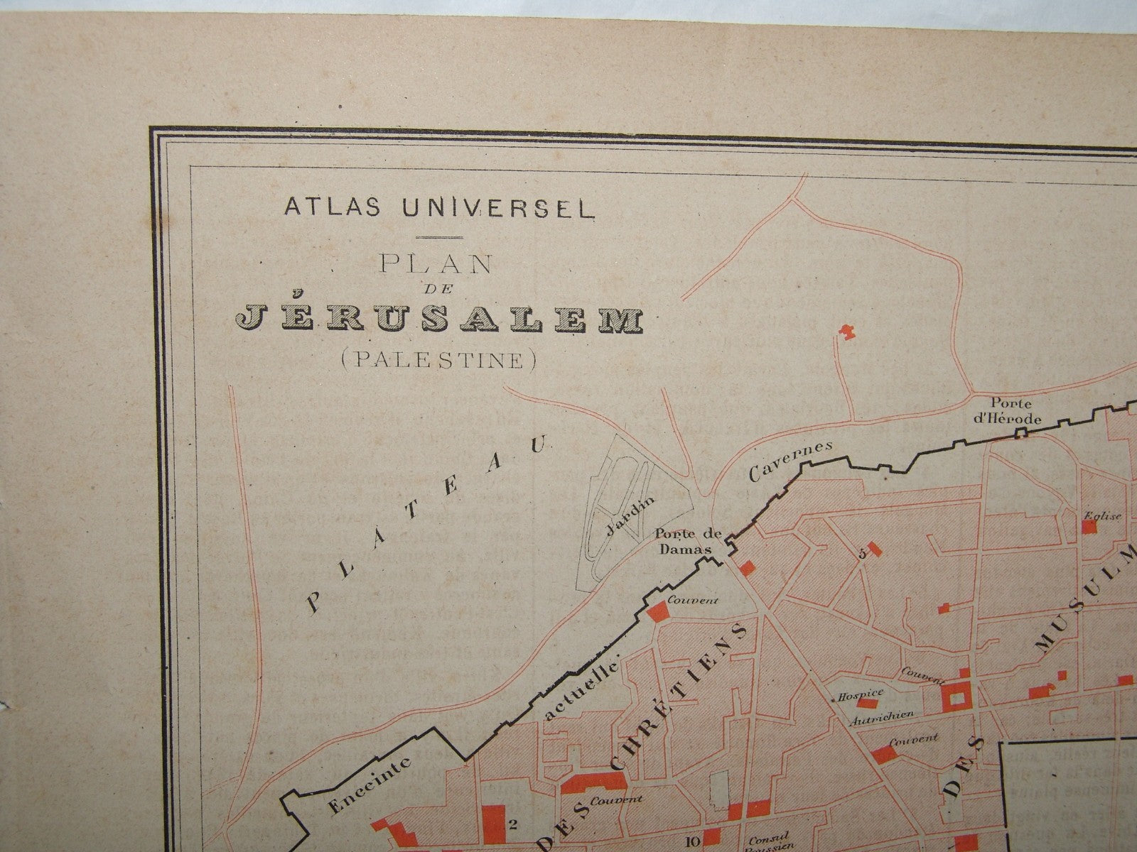 Map Palestine RARE 1877 Jerusalem Plan Fayard, R. Hausermann Atlas Universel