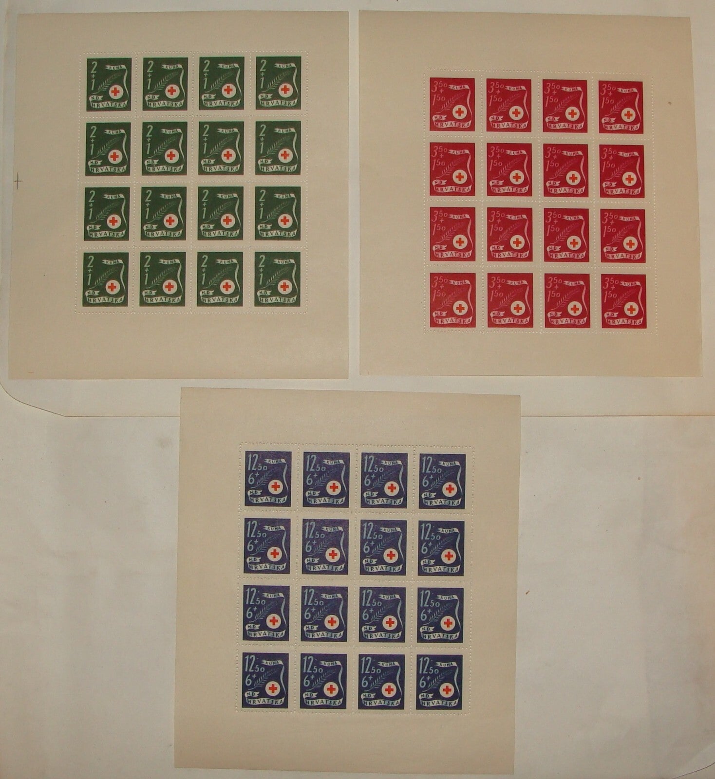 CROATIA 1944 Red Cross Stamp Set Lot Sheet x3 Unused