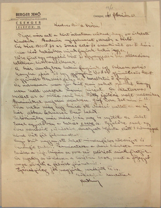 Letter Jewish Judaica 1941 Hungary Csenger Budapest BERGER JENO Handwritten WWII