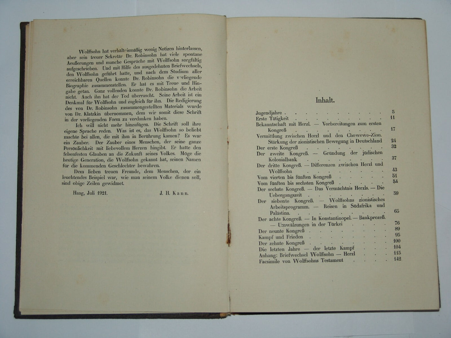 Book Jewish Judaica 1921 David Wolffsohn Herzl Zionism Zionist Congress German