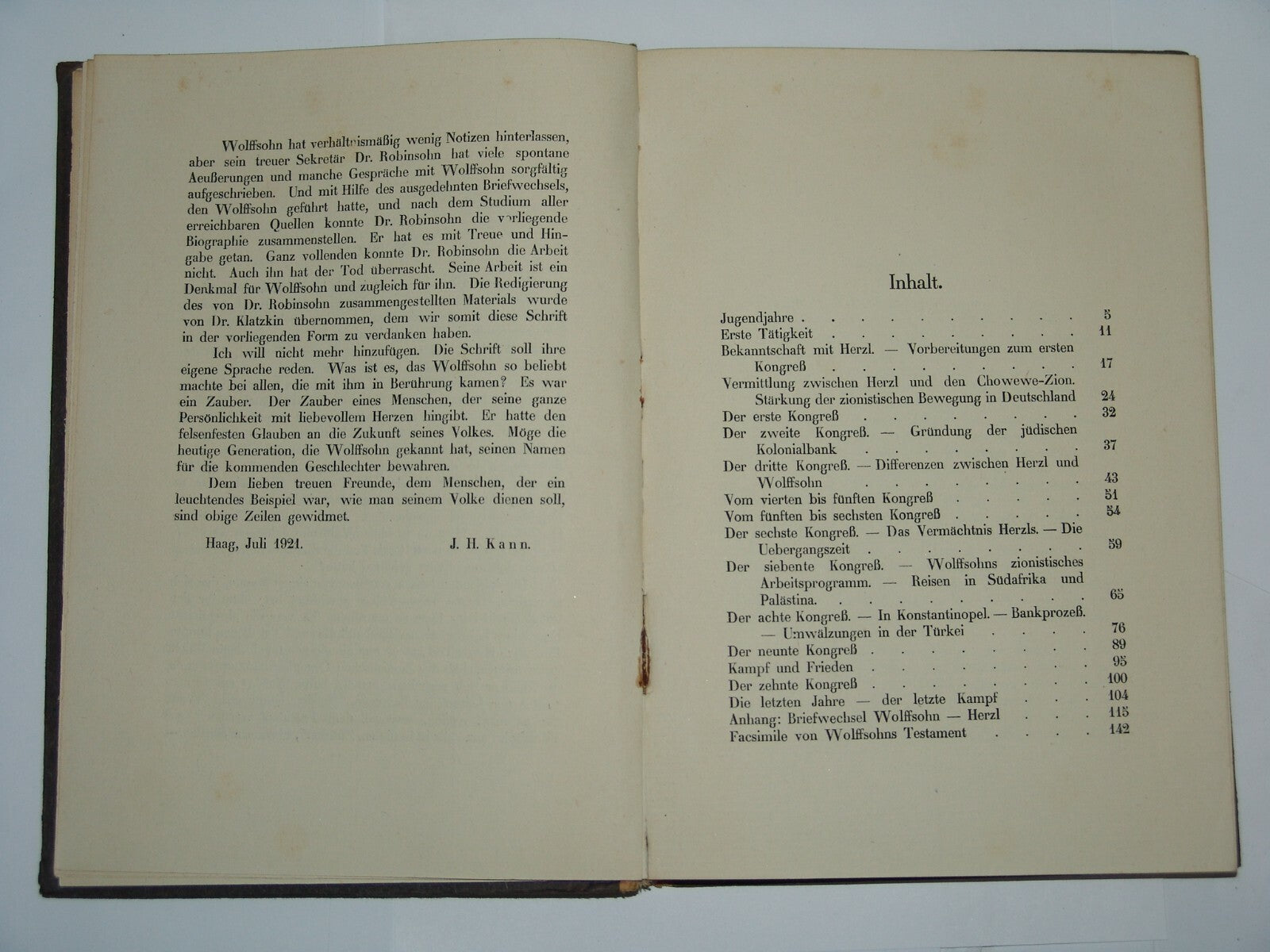 Book Jewish Judaica 1921 David Wolffsohn Herzl Zionism Zionist Congress German