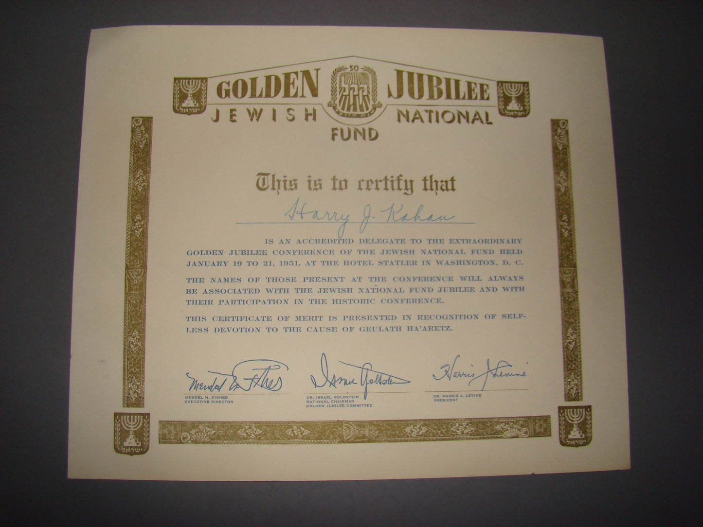 letter Jewish judaica KKL national fund golden jubilee certificate signed 1951