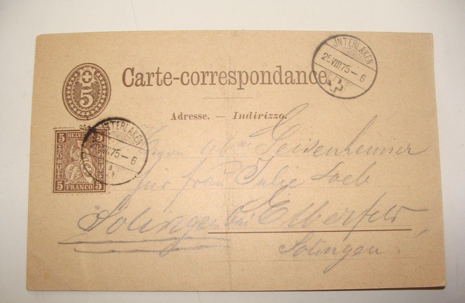 Germany 1875 Switzerland Interlaken Stamp Cover Letter   Solingen German