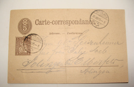 Germany 1875 Switzerland Interlaken Stamp Cover Letter   Solingen German
