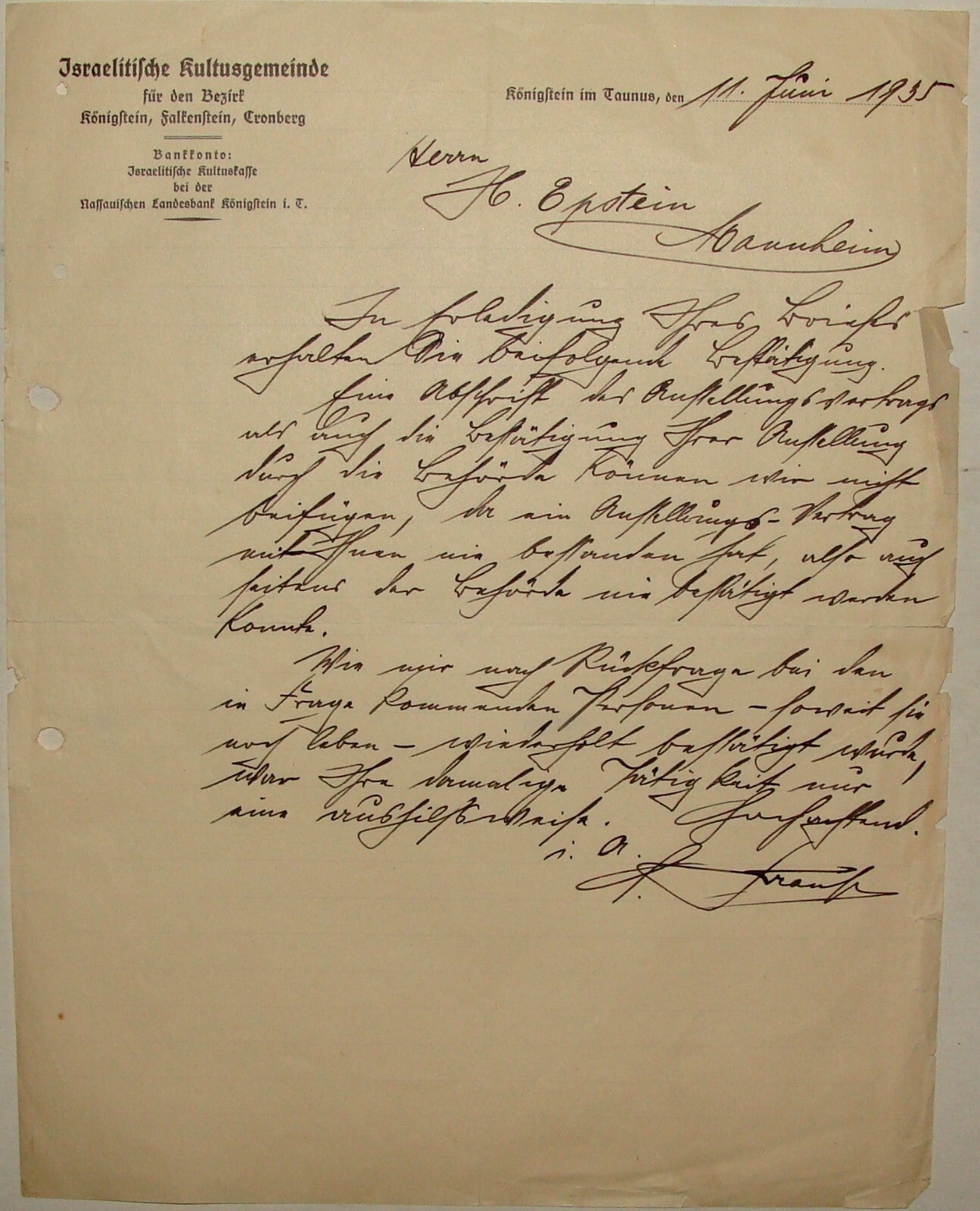 Germany Jewish Judaica 1935 German Konigstein Cantor Epstein Rabbi Mannheim