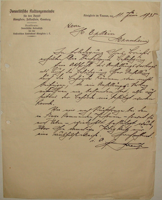 Germany Jewish Judaica 1935 German Konigstein Cantor Epstein Rabbi Mannheim