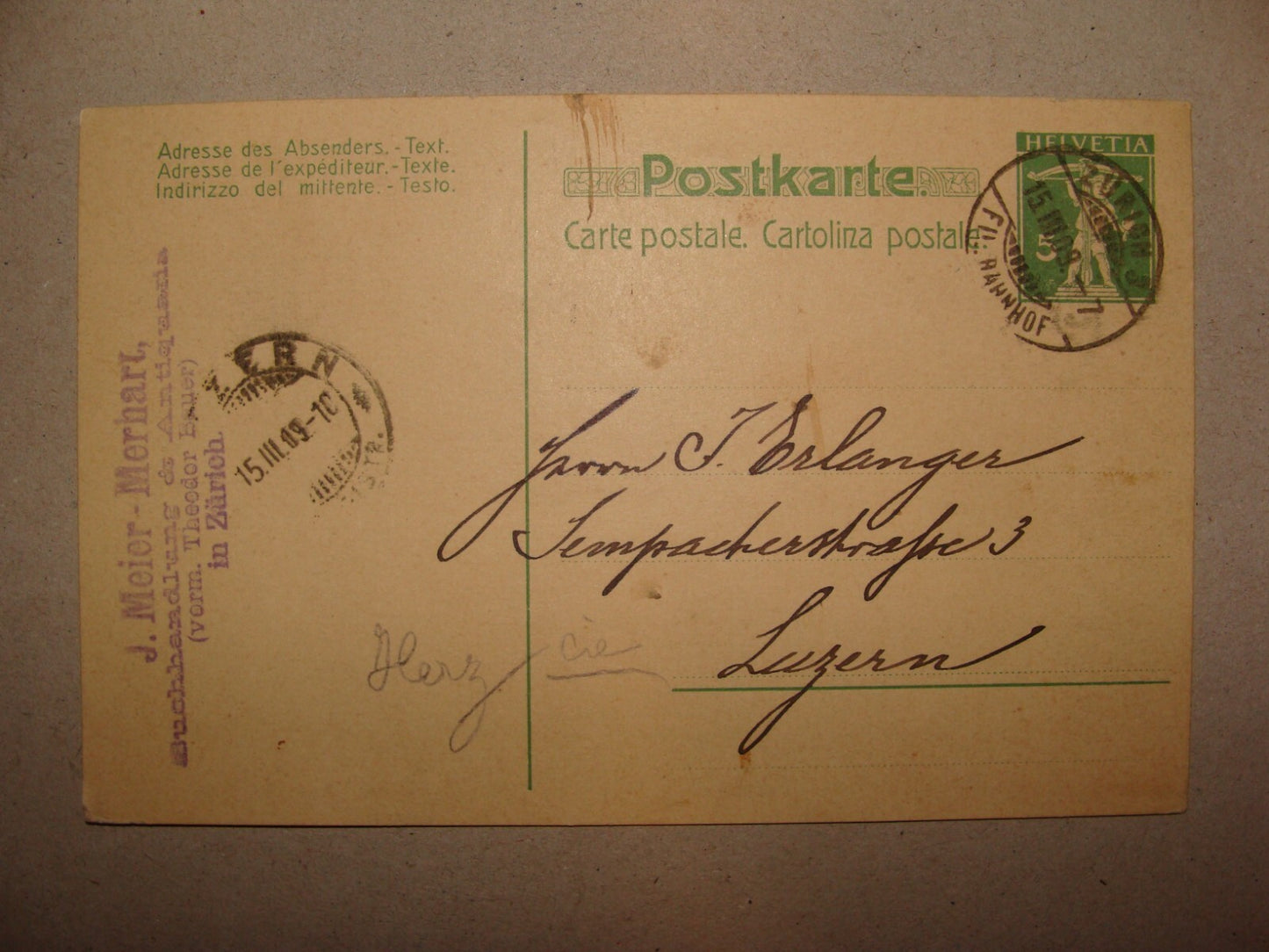 1909 Switzerland Zurich Postcard Letter Stamp J. Meier Merhart Antique Book Shop