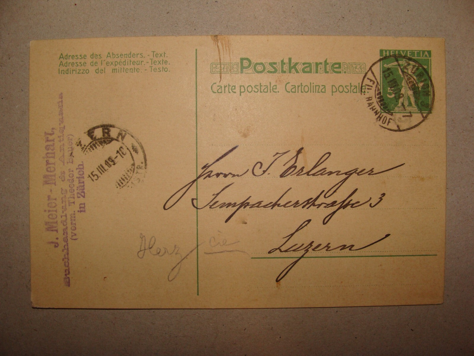 1909 Switzerland Zurich Postcard Letter Stamp J. Meier Merhart Antique Book Shop