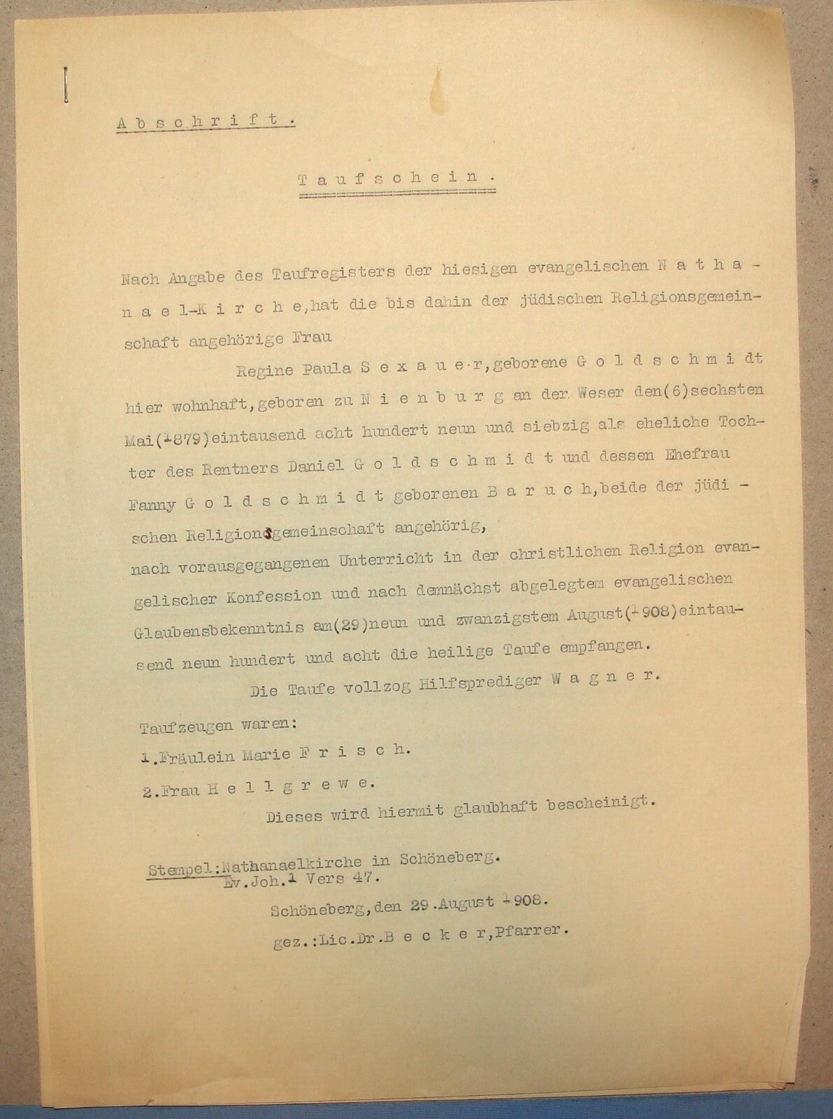 Germany Jewish Judaica German   Nienburg GOLDSCHMIDT Baptism Certificate