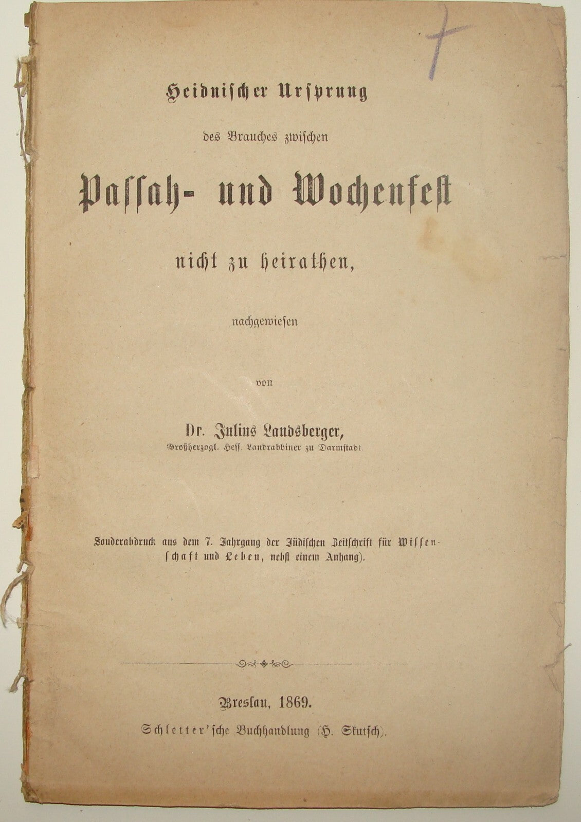 Germany Jewish Judaica Antique 1869 German   Breslau Rabbi Landsberger Passover