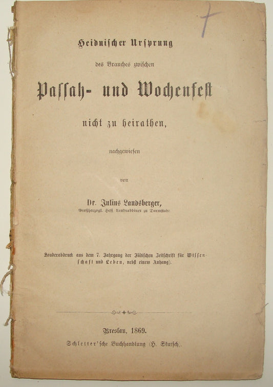 Germany Jewish Judaica Antique 1869 German   Breslau Rabbi Landsberger Passover