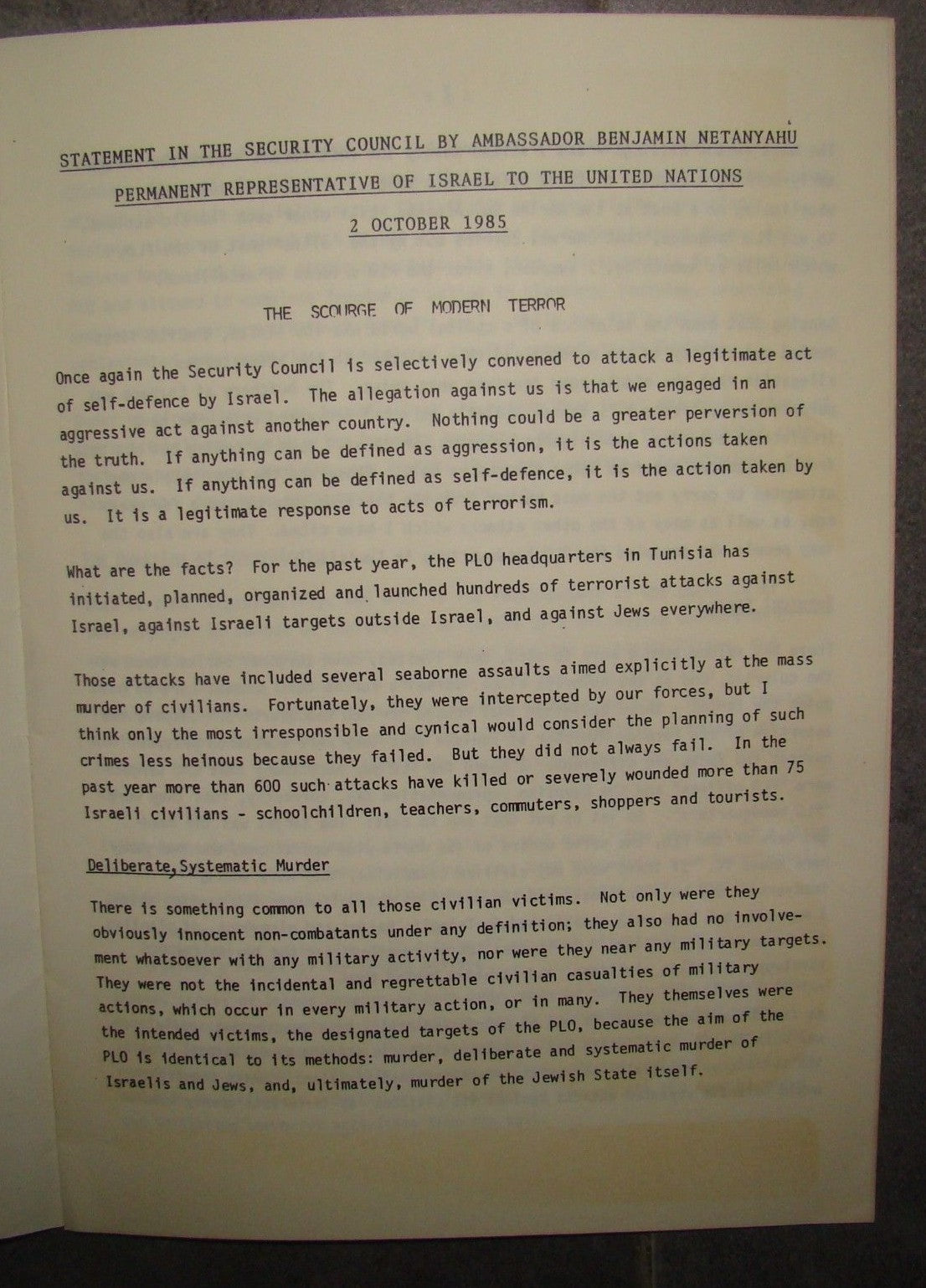 Palestine Jewish israel UN Ambassador Binyamin Netanyahu Speech arab PLO 1985