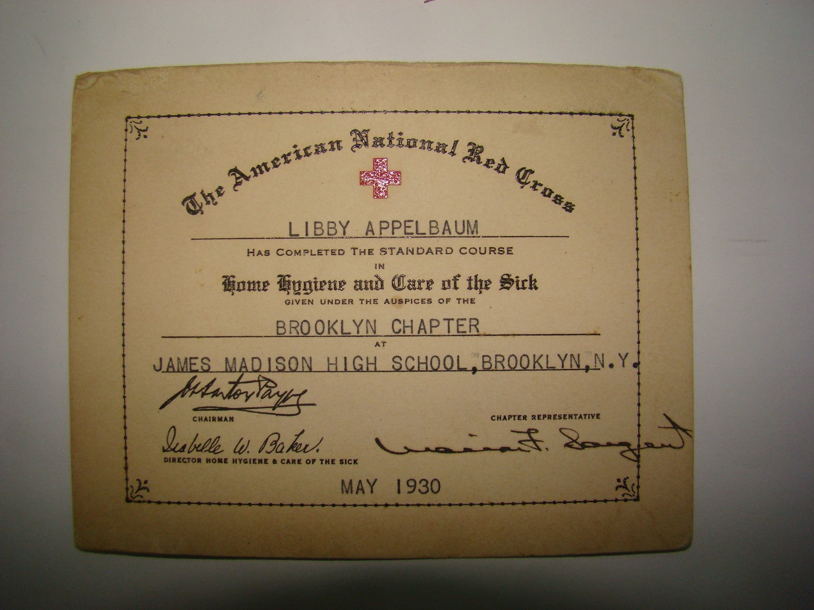 The American National Red Cross 1930 Certificate Letter Card James Madison High