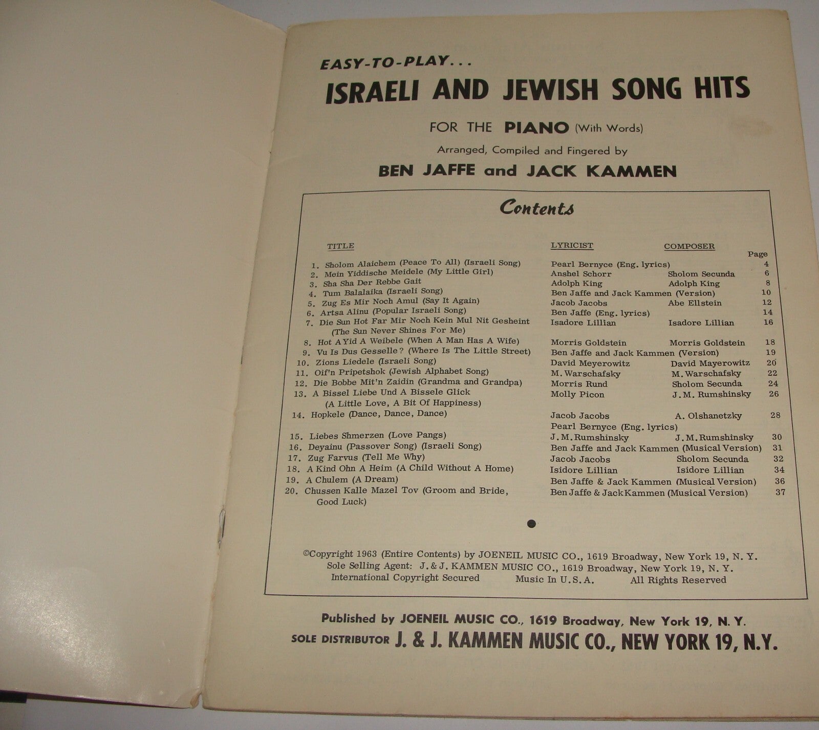 Judaica 1963 Israeli and Jewish Song Hits Piano Sheet Music Songs United States
