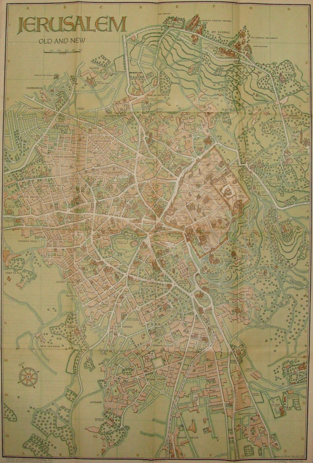 RARE 1941 Steimatzky’s Pictorial Map Jerusalem Palestine Israel Monson Litho