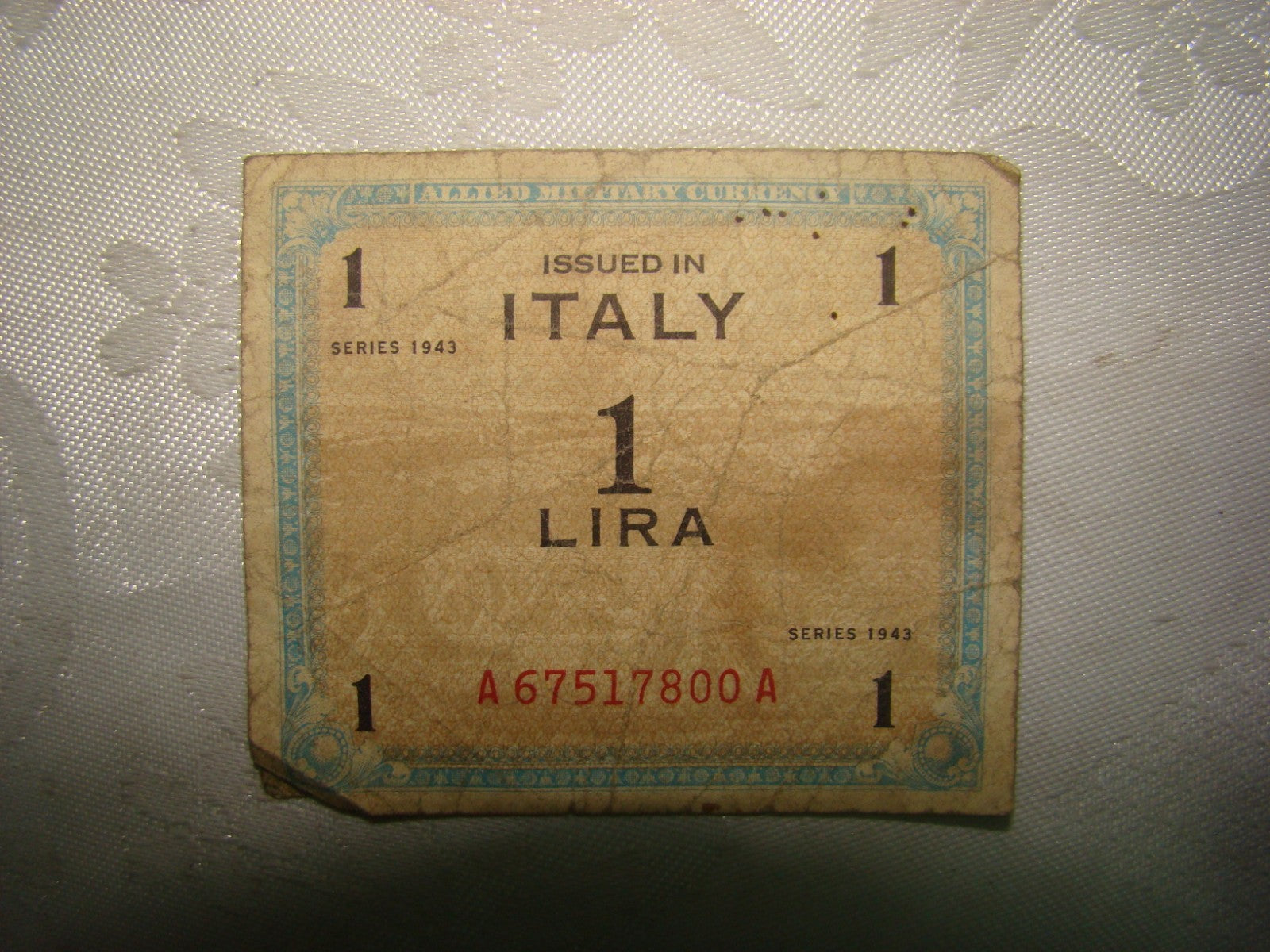 WW2 1943 Allied Military Currency Italy 1 Lira Bill Banknote