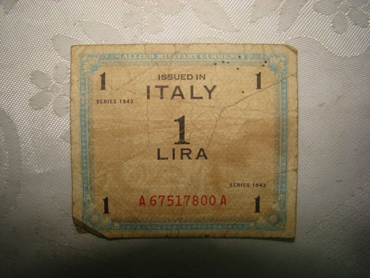 WW2 1943 Allied Military Currency Italy 1 Lira Bill Banknote