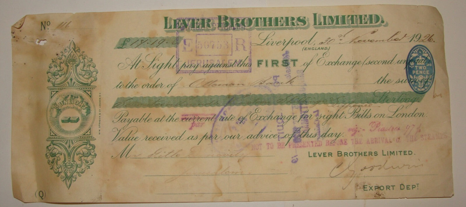 LEVER BROTHERS LIMITED UK Britain England Liverpool Check Cheque Payment 1926