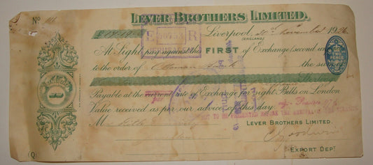 LEVER BROTHERS LIMITED UK Britain England Liverpool Check Cheque Payment 1926
