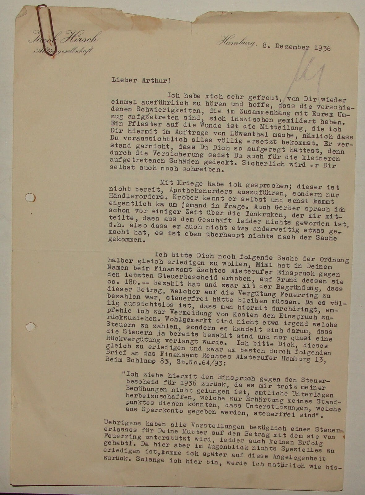 Germany Letter Jewish Judaica 1936 German   Hamburg Jacob Hirsch Hamburg