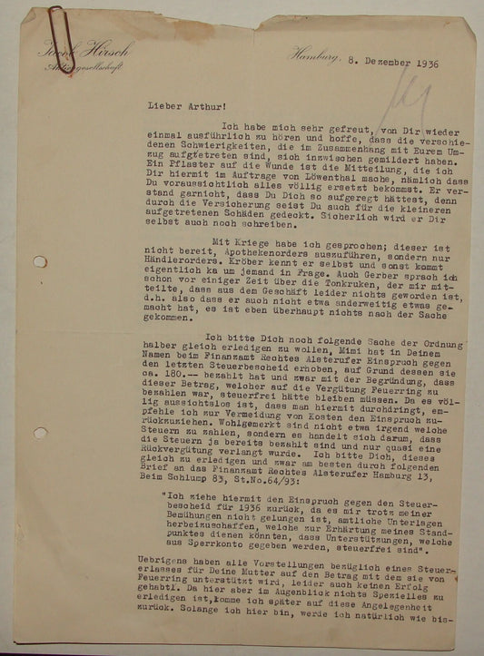 Germany Letter Jewish Judaica 1936 German   Hamburg Jacob Hirsch Hamburg