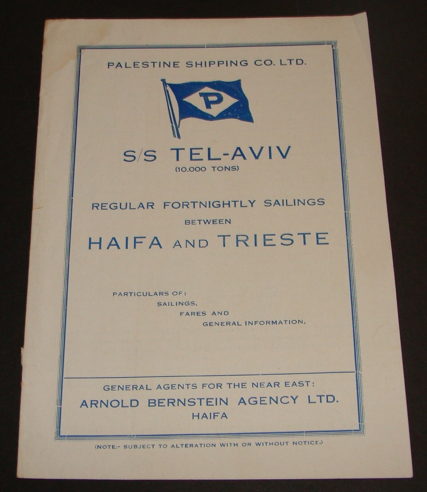 Ad Palestine 1935 Israel Shipping Ship Haifa Trieste Navigation Company Brochure
