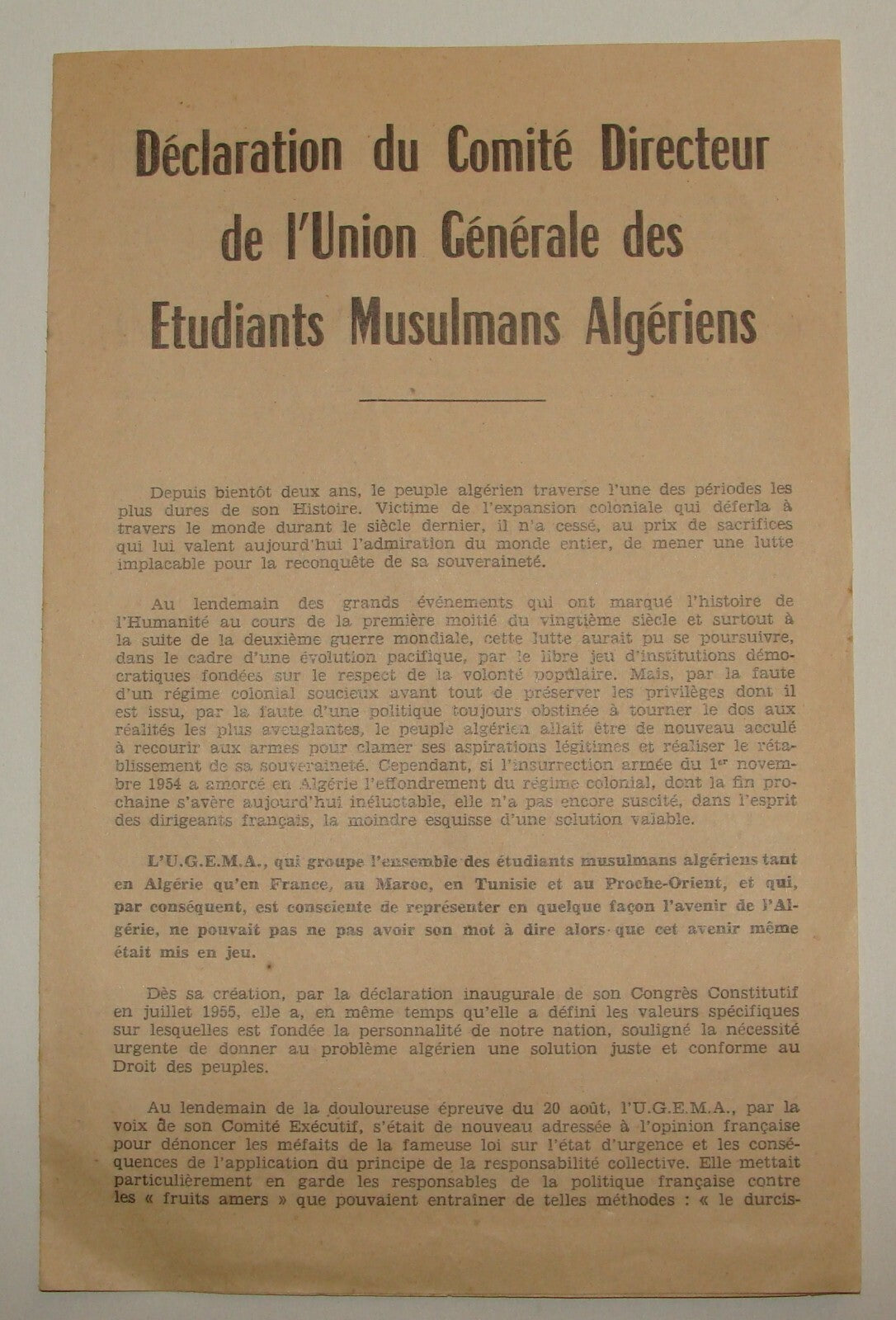 1956 French France Paris Algeria Muslim Students Union Letter Strike University