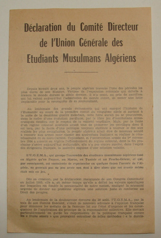 1956 French France Paris Algeria Muslim Students Union Letter Strike University
