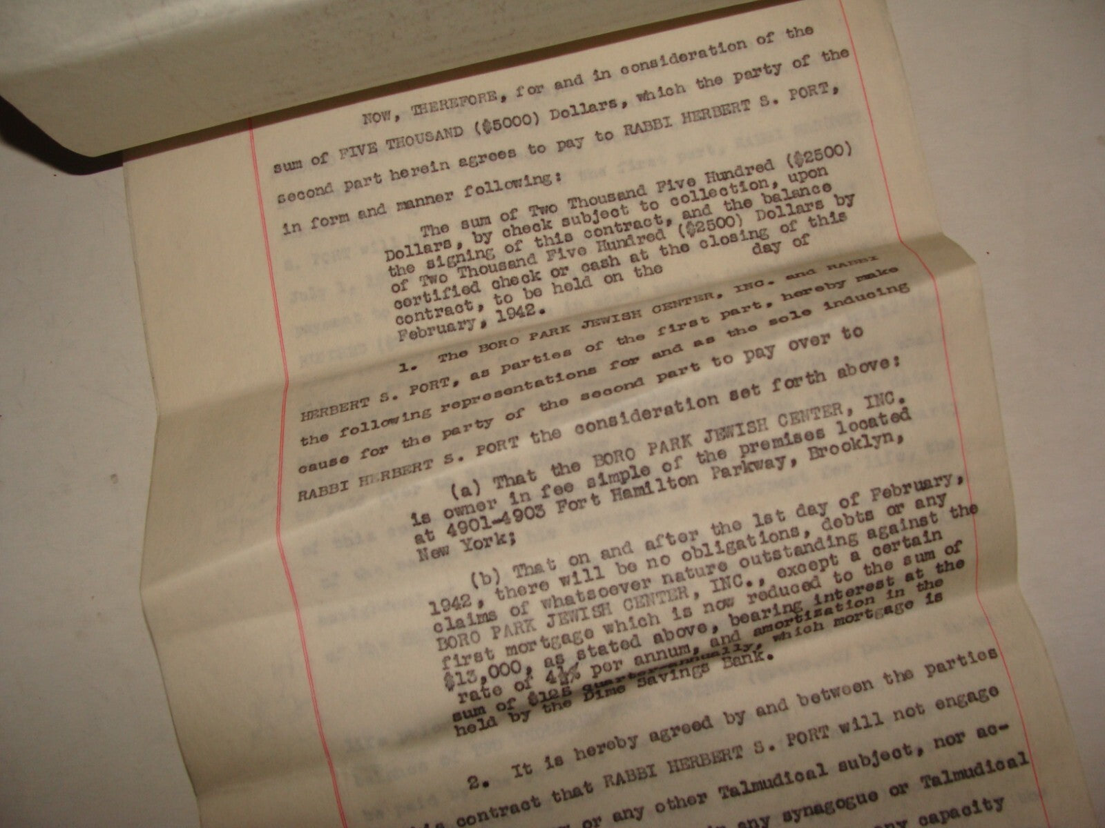 $ American 1942 Boro Park Jewish Center Contract Rabbi Herbert Port Bialik